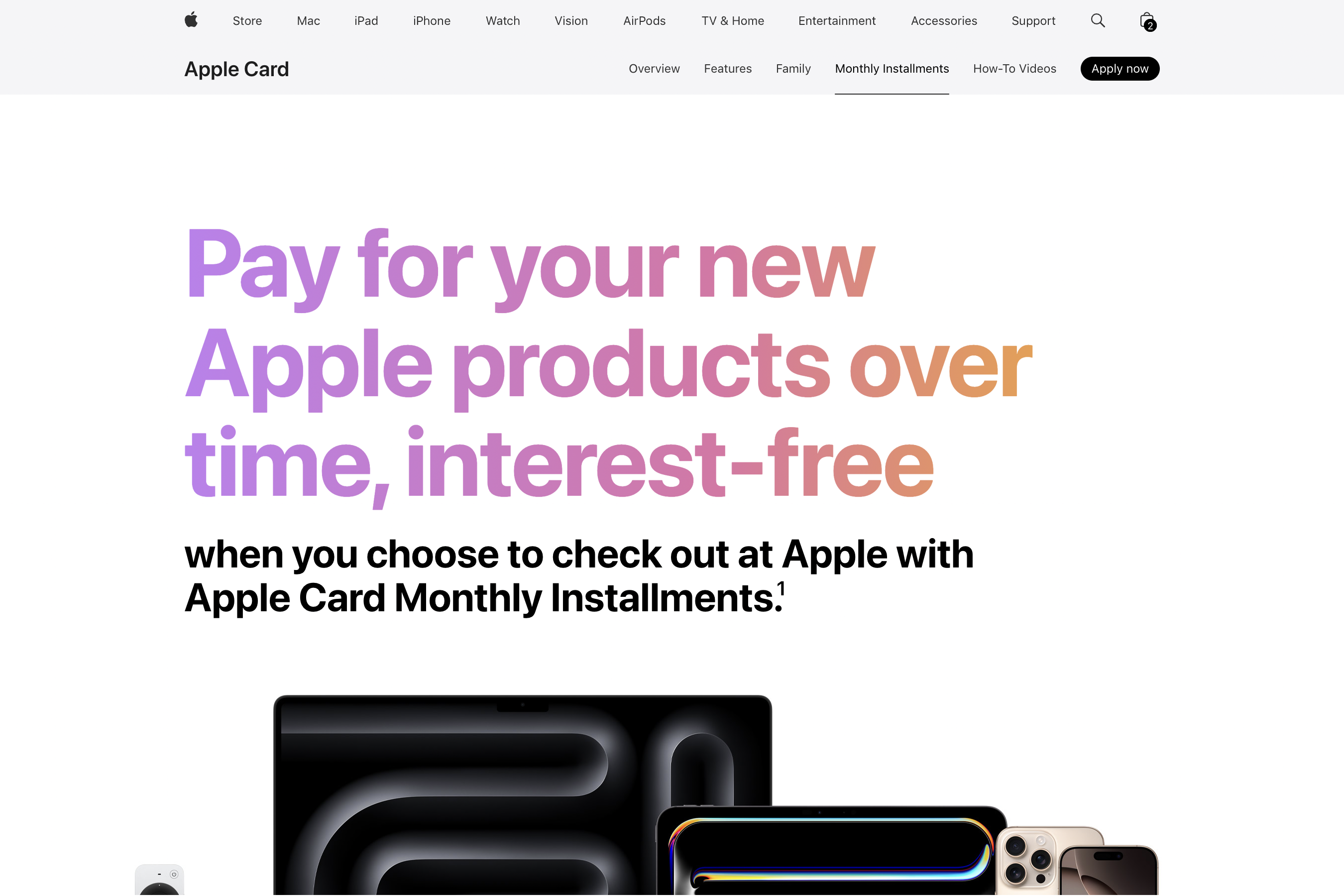 Screenshot of Apple’s website promoting Apple Card Monthly Installments, showing interest-free financing for Apple products with bold gradient text reading ‘Pay for your new Apple products over time, interest-free.'